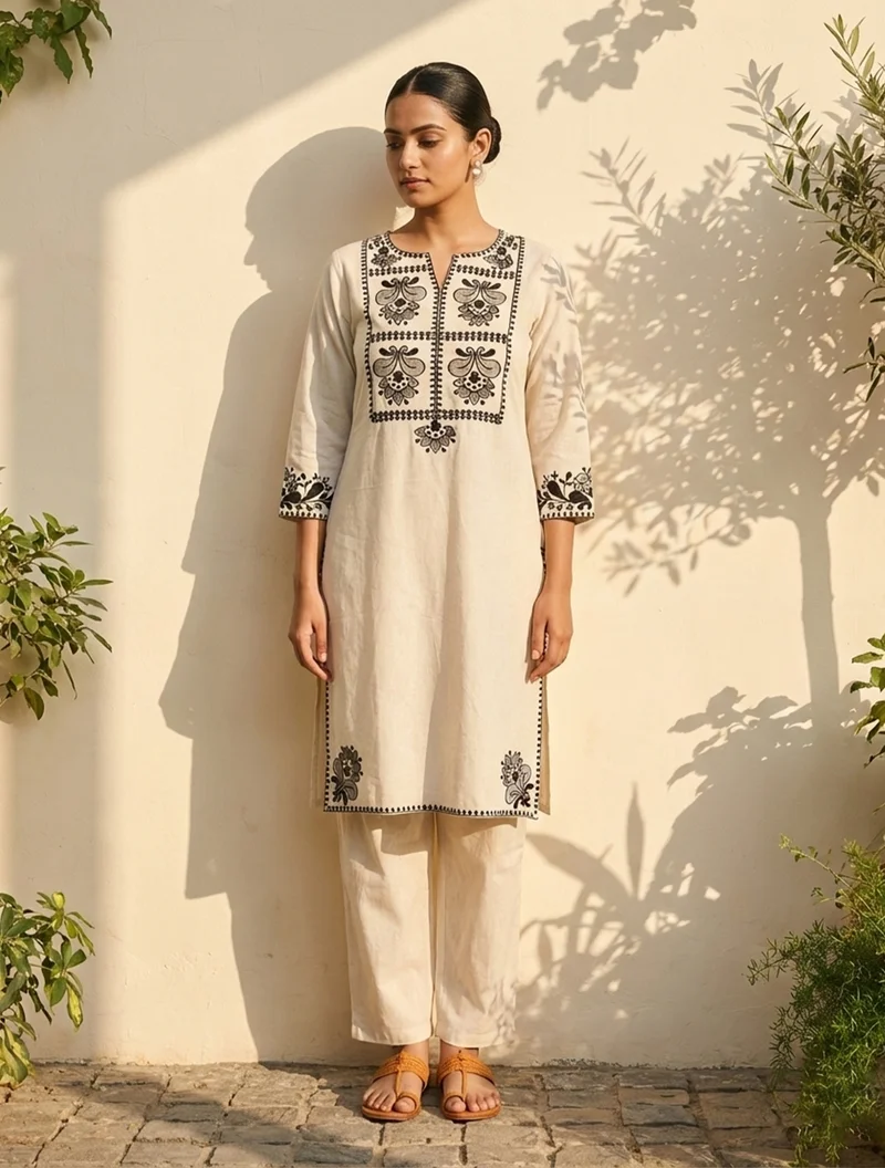 ترو برونز trueBrowns Off-White Black Embroidered Kurta Co-Ord Pant Set